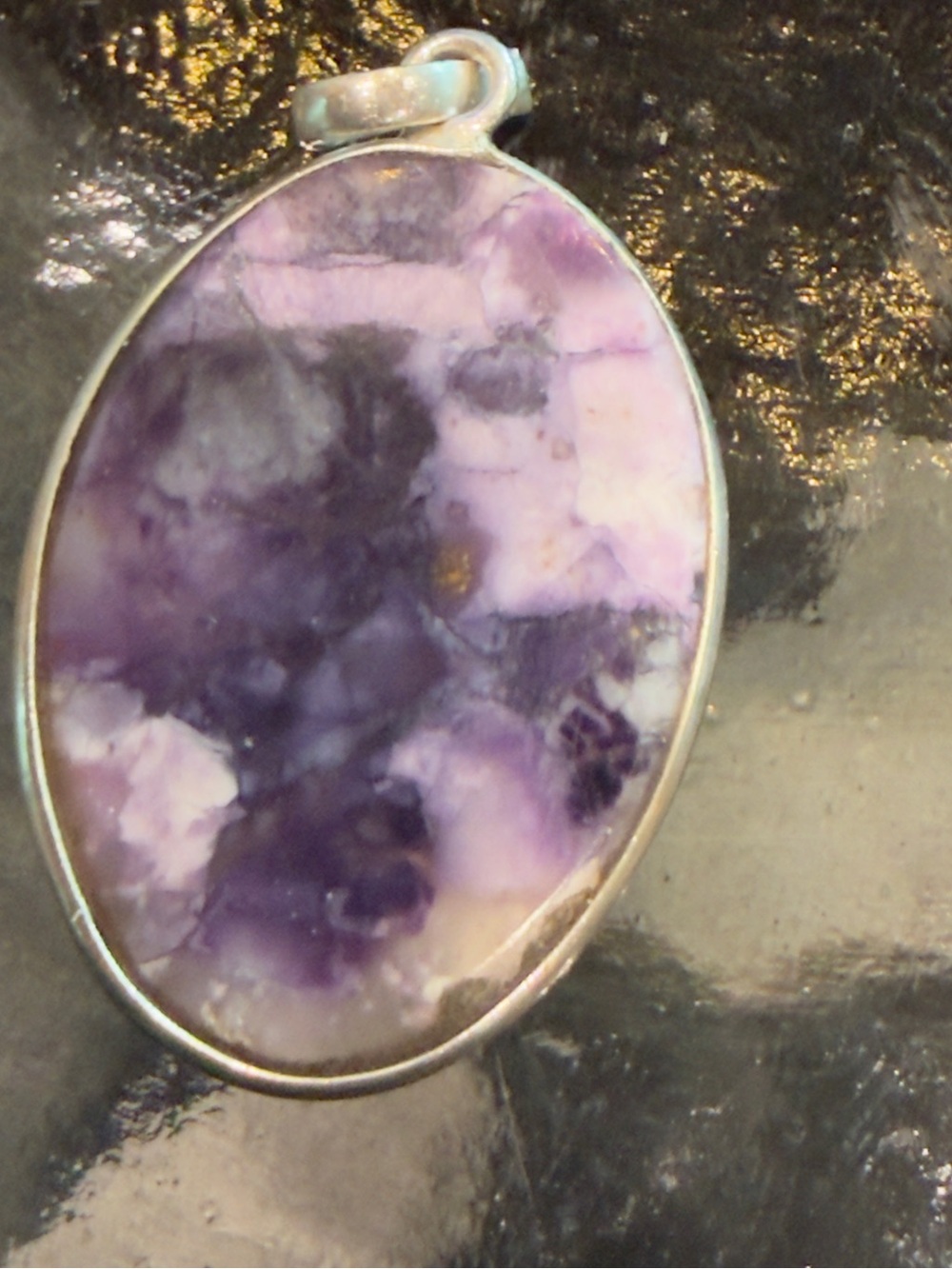 Oval Purple Marbled Stone Pendant Necklace in Sterling Setting